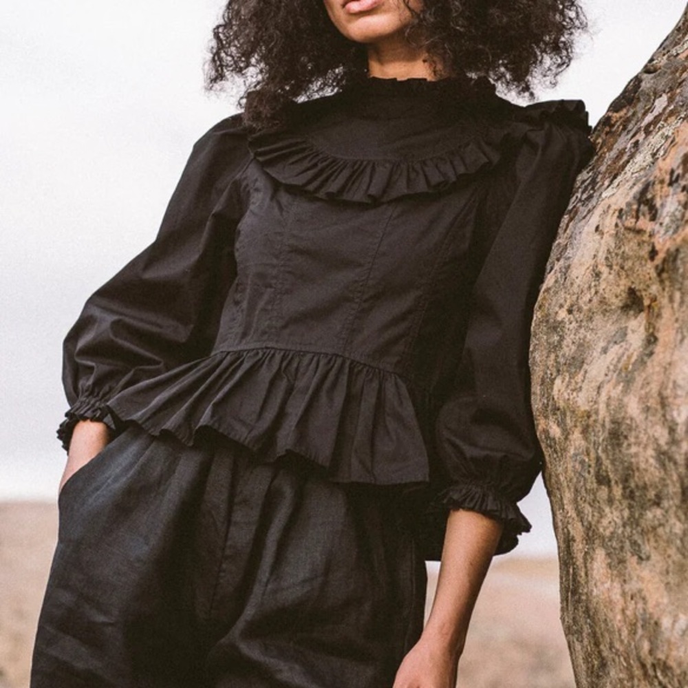 KARA THOMS Organice Prairie Blouse in Noir NWT